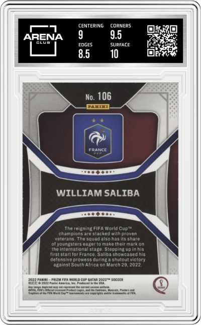William Saliba from the 2022 Panini Prizm FIFA WC Qatar set graded by Arena Club and given an overall grade of 9.