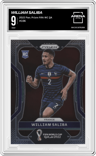 William Saliba from the 2022 Panini Prizm FIFA WC Qatar set graded by Arena Club and given an overall grade of 9.