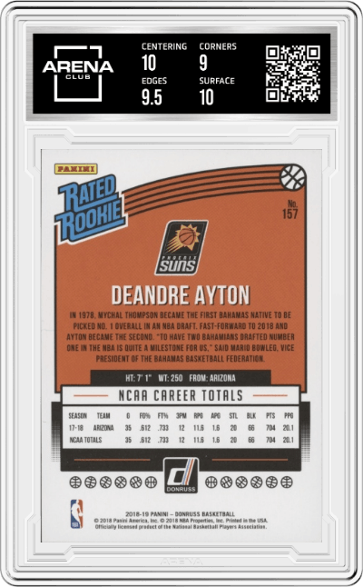 Deandre Ayton from the 2018-19 Panini Donruss  set featuring a Green/Yellow Laser parallel graded by Arena Club and given an overall grade of 9.5.