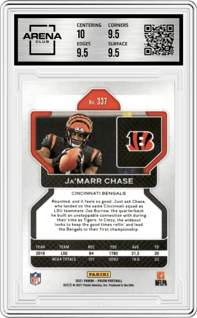 Ja'Marr Chase from the 2021 Panini Prizm set graded by Arena Club and given an overall grade of 10.