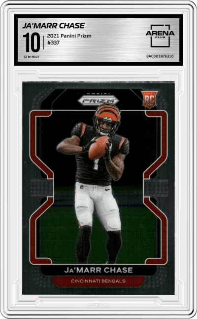 Ja'Marr Chase from the 2021 Panini Prizm set graded by Arena Club and given an overall grade of 10.