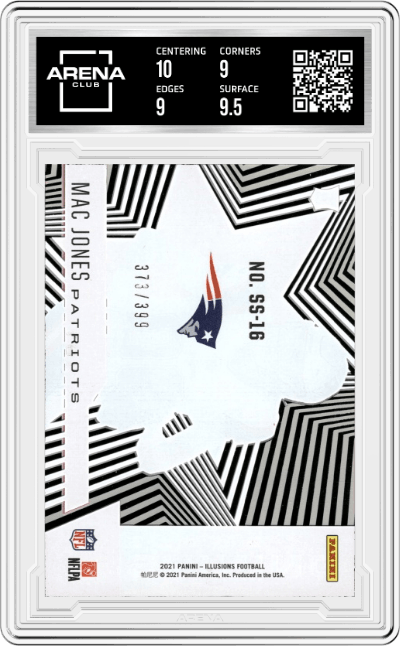 Mac Jones from the 2021 Panini Illusions set featuring a Pink parallel graded by Arena Club and given an overall grade of 9.5.