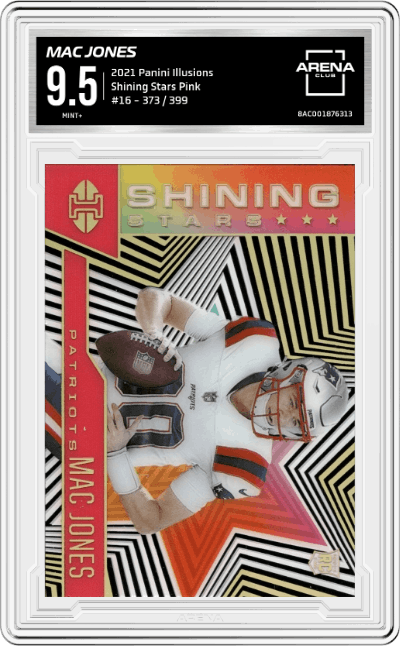 Mac Jones from the 2021 Panini Illusions set featuring a Pink parallel graded by Arena Club and given an overall grade of 9.5.