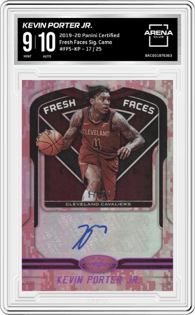 Kevin Porter Jr. from the 2019-20 Panini Certified Basketball set featuring a Camo parallel graded by Arena Club and given an overall grade of 9.