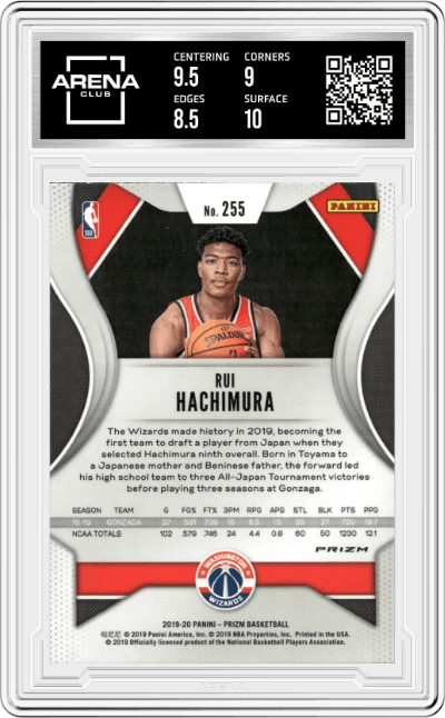 Rui Hachimura from the 2019-20 Panini Prizm set featuring a Ruby Wave parallel graded by Arena Club and given an overall grade of 9.