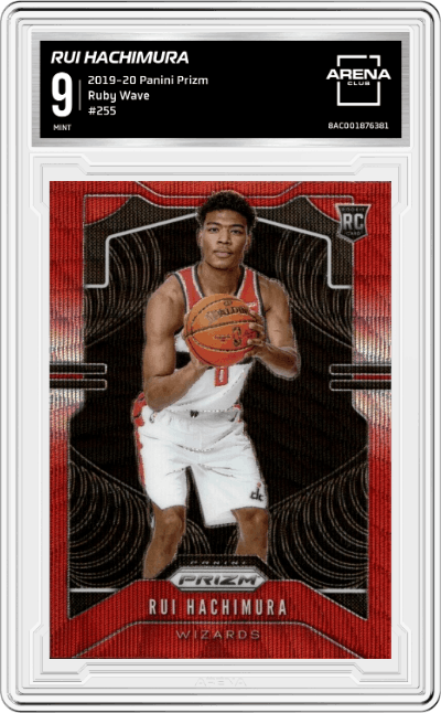 Rui Hachimura from the 2019-20 Panini Prizm set featuring a Ruby Wave parallel graded by Arena Club and given an overall grade of 9.