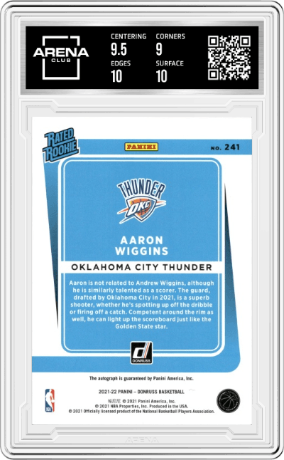 Aaron Wiggins from the 2021-22 Panini Donruss set featuring a Choice Red parallel graded by Arena Club and given an overall grade of 9.5.