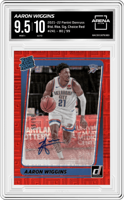 Aaron Wiggins from the 2021-22 Panini Donruss set featuring a Choice Red parallel graded by Arena Club and given an overall grade of 9.5.