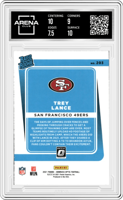 Trey Lance from the 2021 Panini Donruss Optic set graded by Arena Club and given an overall grade of 8.