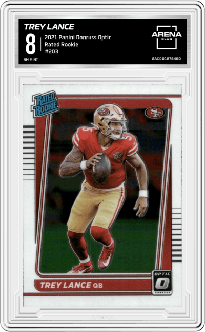 Trey Lance from the 2021 Panini Donruss Optic set graded by Arena Club and given an overall grade of 8.