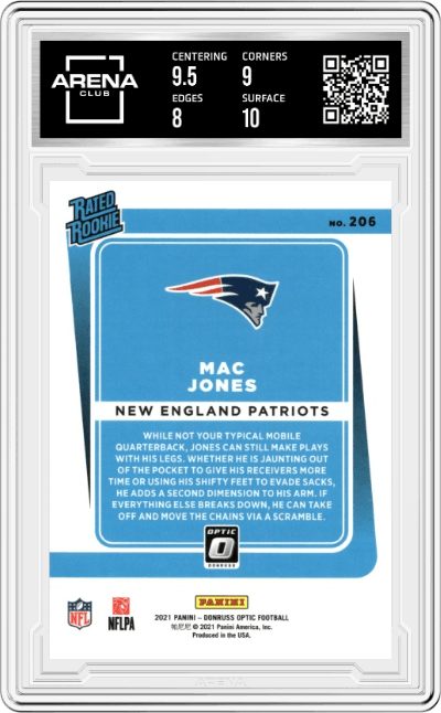 Mac Jones  from the 2021 Panini Donruss Optic set graded by Arena Club and given an overall grade of 8.5.