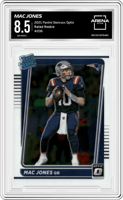 Mac Jones  from the 2021 Panini Donruss Optic set graded by Arena Club and given an overall grade of 8.5.