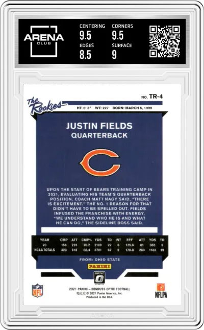 Justin Fields  from the 2021 Panini Donruss Optic set graded by Arena Club and given an overall grade of 9.