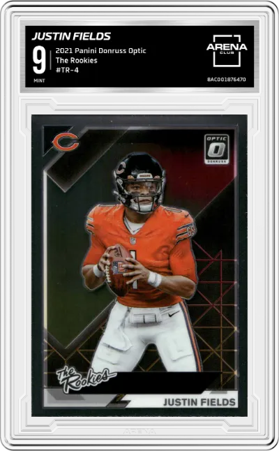 Justin Fields  from the 2021 Panini Donruss Optic set graded by Arena Club and given an overall grade of 9.
