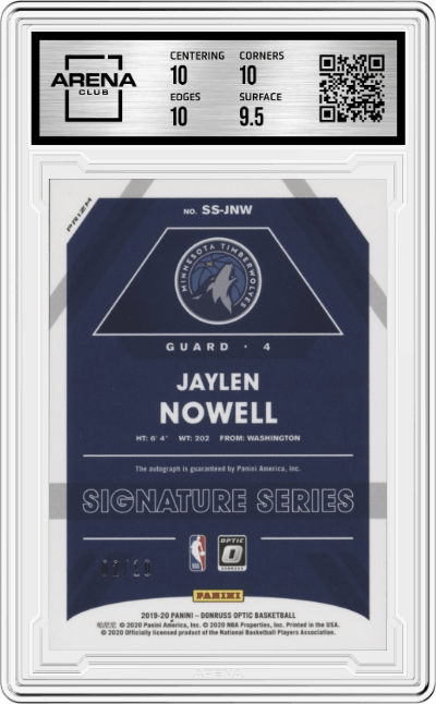 Jaylen Nowell from the 2019-20 Panini Donruss Optic set featuring a Gold parallel graded by Arena Club and given an overall grade of 10.