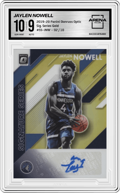 Jaylen Nowell from the 2019-20 Panini Donruss Optic set featuring a Gold parallel graded by Arena Club and given an overall grade of 10.