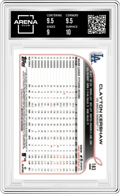 Clayton Kershaw  from the 2022 Topps Chrome set featuring a Refractor parallel graded by Arena Club and given an overall grade of 9.5.
