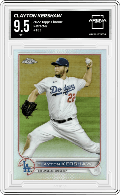 Clayton Kershaw  from the 2022 Topps Chrome set featuring a Refractor parallel graded by Arena Club and given an overall grade of 9.5.