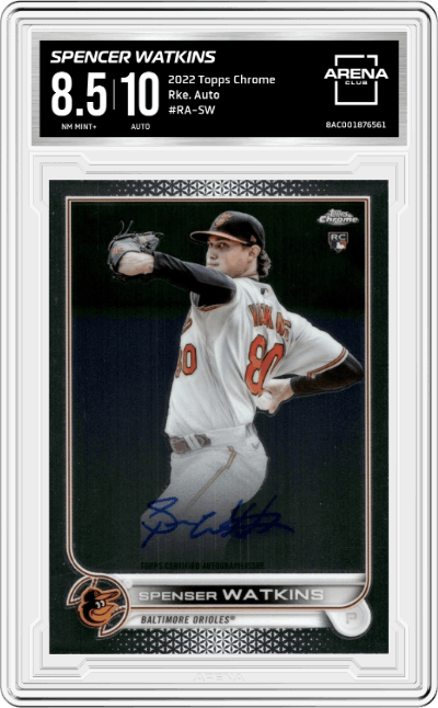 Spencer Watkins from the 2022 Topps Chrome set graded by Arena Club and given an overall grade of 8.5.