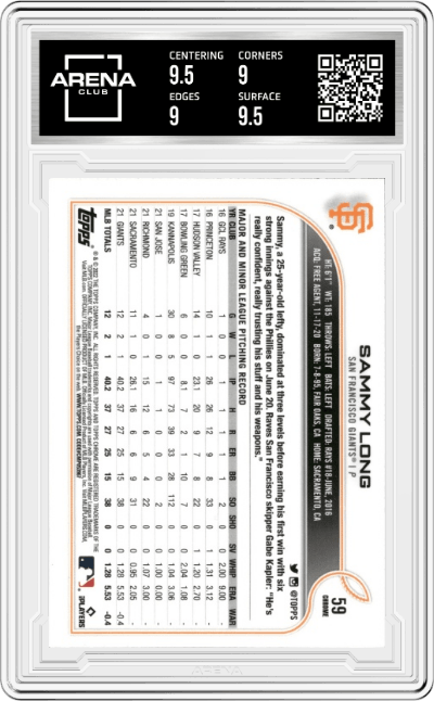 Sammy Long from the 2022 Topps Chrome set featuring a Prism Refractor parallel graded by Arena Club and given an overall grade of 9.5.