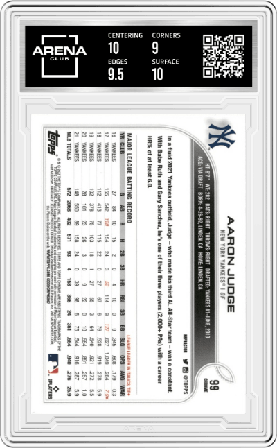 Aaron Judge from the 2022 Topps Chrome set featuring a Refractor parallel graded by Arena Club and given an overall grade of 9.5.