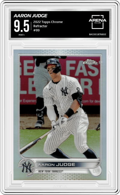 Aaron Judge from the 2022 Topps Chrome set featuring a Refractor parallel graded by Arena Club and given an overall grade of 9.5.