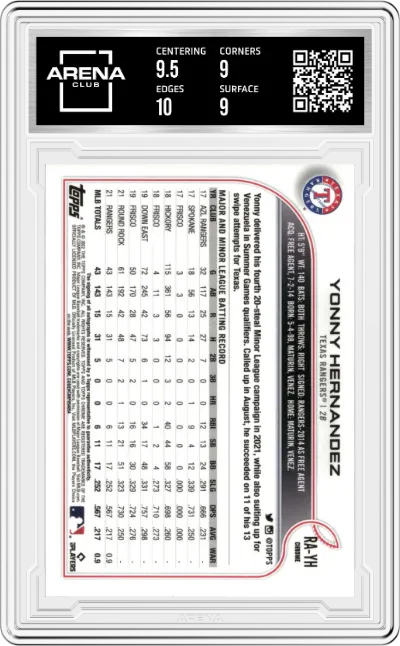 Yonny Hernandez from the 2022 Topps Chrome set graded by Arena Club and given an overall grade of 9.5.