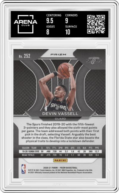 Devin Vassell from the 2020-21 Panini Prizm set featuring a Red Ice Prizm parallel graded by Arena Club and given an overall grade of 8.5.