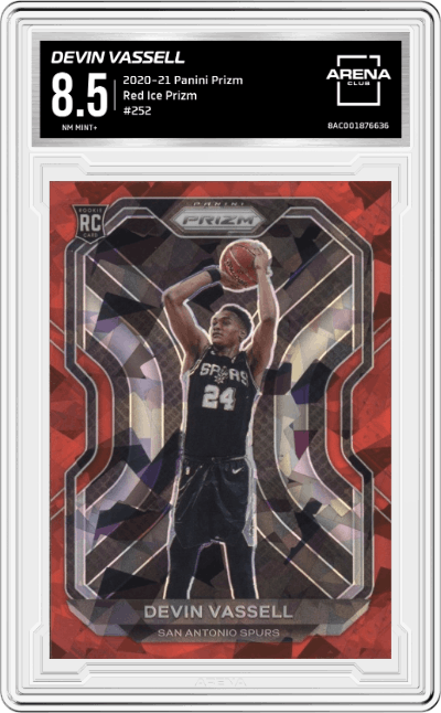 Devin Vassell from the 2020-21 Panini Prizm set featuring a Red Ice Prizm parallel graded by Arena Club and given an overall grade of 8.5.