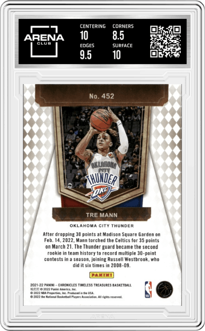 Tre Mann from the 2021-22 Panini Chronicles set graded by Arena Club and given an overall grade of 9.