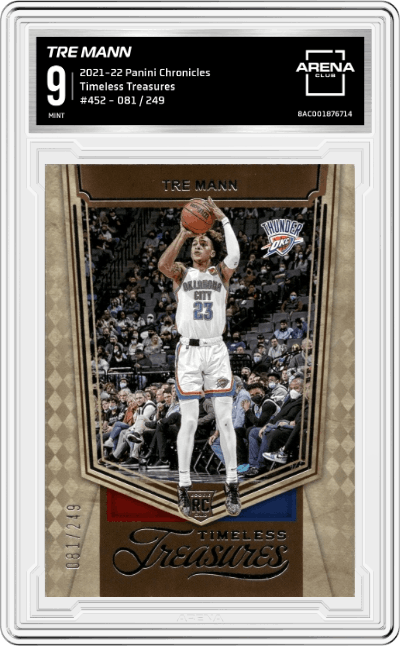 Tre Mann from the 2021-22 Panini Chronicles set graded by Arena Club and given an overall grade of 9.