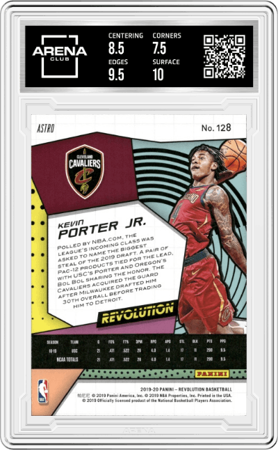 Kevin Porter Jr. from the 2019-20 Panini Revolution Basketball set featuring a Astro parallel graded by Arena Club and given an overall grade of 8.