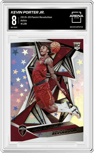 Kevin Porter Jr. from the 2019-20 Panini Revolution Basketball set featuring a Astro parallel graded by Arena Club and given an overall grade of 8.