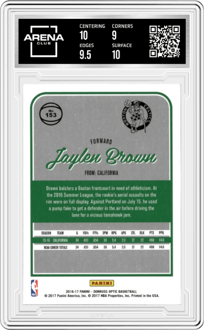 Jaylen Brown from the 2016-17 Panini Donruss Optic set graded by Arena Club and given an overall grade of 9.5.