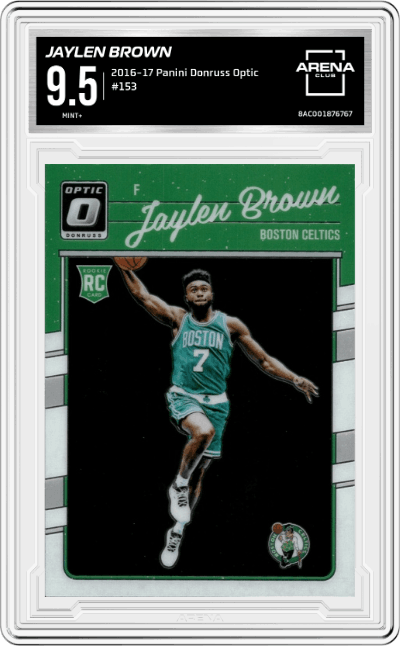 Jaylen Brown from the 2016-17 Panini Donruss Optic set graded by Arena Club and given an overall grade of 9.5.