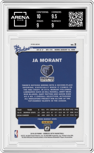 Ja Morant from the 2019-20 Panini Donruss Optic set featuring a Holo parallel graded by Arena Club and given an overall grade of 9.5.