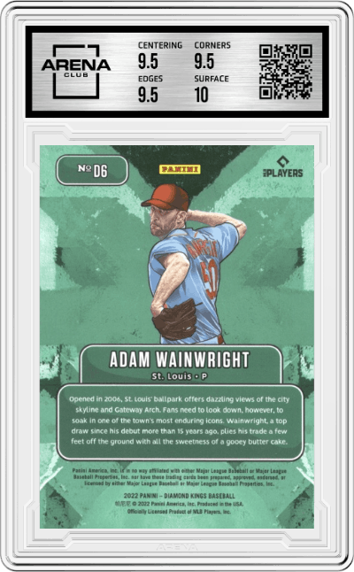 Adam Wainwright from the 2022 Panini Diamond Kings set graded by Arena Club and given an overall grade of 10.
