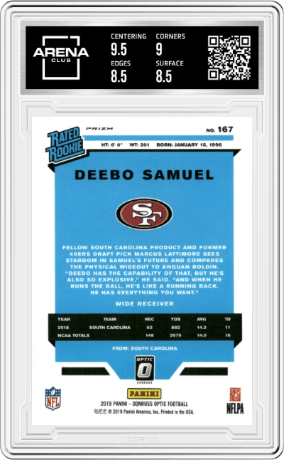 Deebo Samuel from the 2019 Panini Donruss Optic set featuring a Holo parallel graded by Arena Club and given an overall grade of 9.