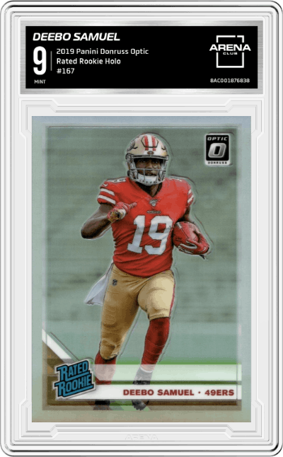 Deebo Samuel from the 2019 Panini Donruss Optic set featuring a Holo parallel graded by Arena Club and given an overall grade of 9.