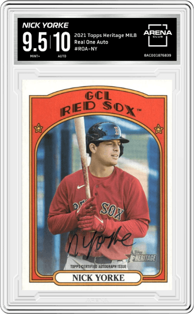 Nick Yorke from the 2021 Topps Heritage Minor League set graded by Arena Club and given an overall grade of 9.5.