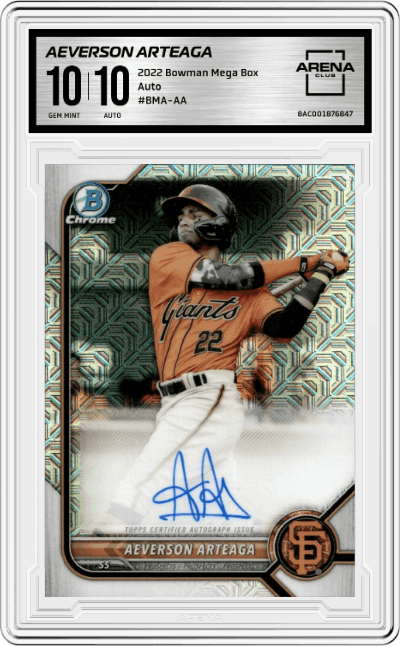 Aeverson Arteaga from the 2022 Bowman Mega Box set graded by Arena Club and given an overall grade of 10.