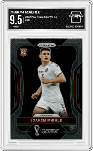 Joakim Maehle from the 2022 Panini Prizm FIFA WC Qatar set graded by Arena Club and given an overall grade of 9.5.