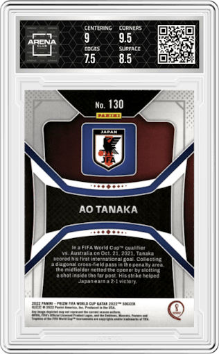 Ao Tanaka from the 2022 Panini Prizm FIFA WC Qatar set graded by Arena Club and given an overall grade of 8.