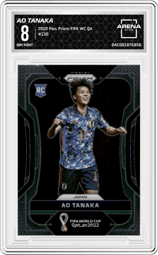 Ao Tanaka from the 2022 Panini Prizm FIFA WC Qatar set graded by Arena Club and given an overall grade of 8.