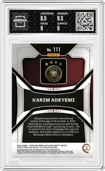 Karim Adeyemi from the 2022 Panini Prizm FIFA WC Qatar set graded by Arena Club and given an overall grade of 9.