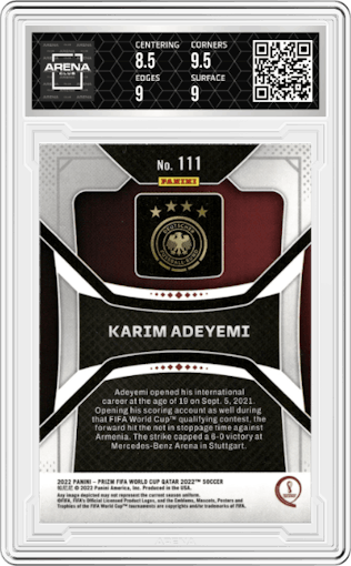 Karim Adeyemi from the 2022 Panini Prizm FIFA WC Qatar set graded by Arena Club and given an overall grade of 9.