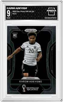 Karim Adeyemi from the 2022 Panini Prizm FIFA WC Qatar set graded by Arena Club and given an overall grade of 9.