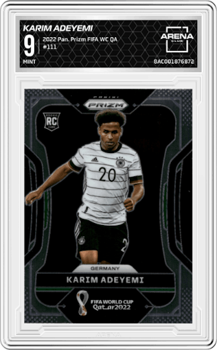 Karim Adeyemi from the 2022 Panini Prizm FIFA WC Qatar set graded by Arena Club and given an overall grade of 9.