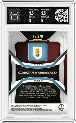 Giorgian De Arrascaeta from the 2022 Panini Prizm FIFA WC Qatar set graded by Arena Club and given an overall grade of 9.5.