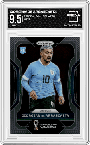 Giorgian De Arrascaeta from the 2022 Panini Prizm FIFA WC Qatar set graded by Arena Club and given an overall grade of 9.5.